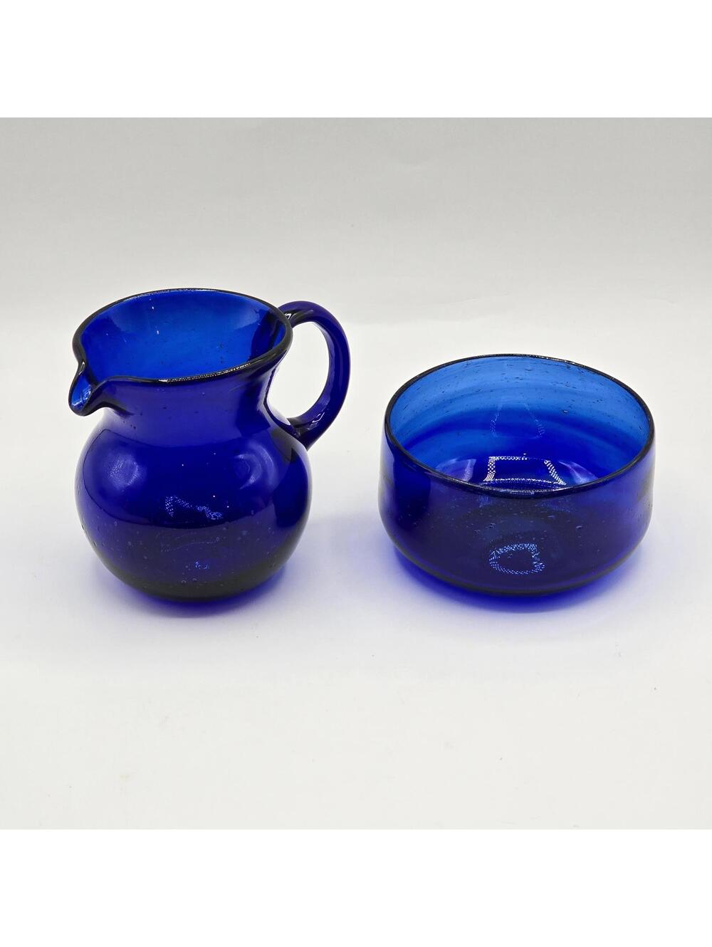 Vintage Mexican Cobalt Blue Glass Cream and Sugar Bowl Set